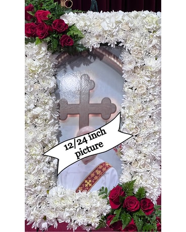 White picture frame with Red Roses Sympathy Arrangement
