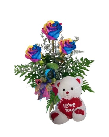 3 Rainbow Roses with I love you Teddy Flower Arrangement