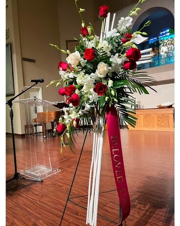 White River Cane Cross with Red & White Flower Arrangement