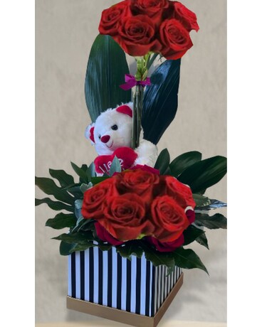 Bear holding Red Roses Flower Arrangement