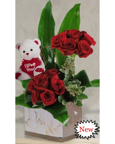 Teddy in red Rose Garden Flower Arrangement