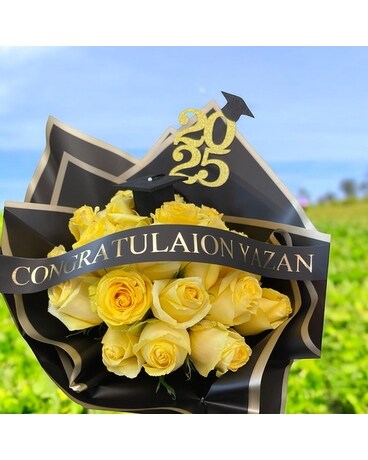 24 Yellow Roses wrapped for Graduation in Modesto CA - Flowers By Alis