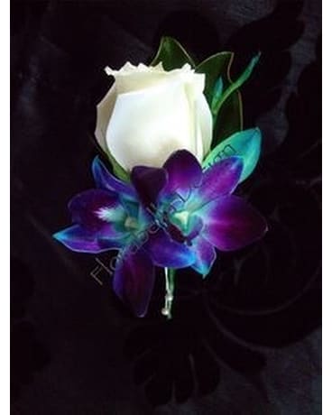 Purple, Teal & White Boutonniere Flower Arrangement