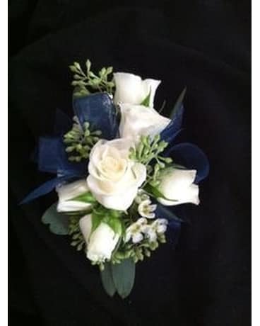 White and Navy Blue corsage Flower Arrangement