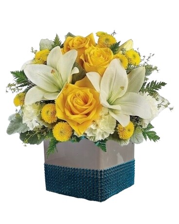 Yellow passion and teal Flower Arrangement