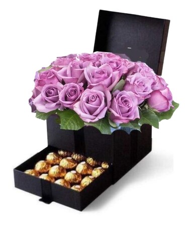 Black box with Lavender Rose & Chocolates Flower Arrangement