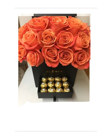 Black box with orange Roses Flower Arrangement