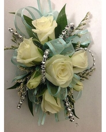 Corsage with Aqua Ribbon & White Roses