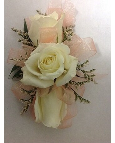Corsage with light Peach  Ribbon & White Roses