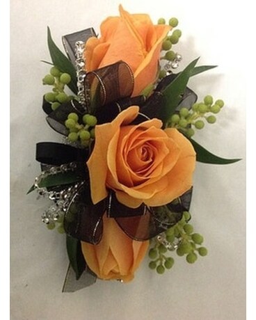 Corsage with Black Ribbon & Orange Roses