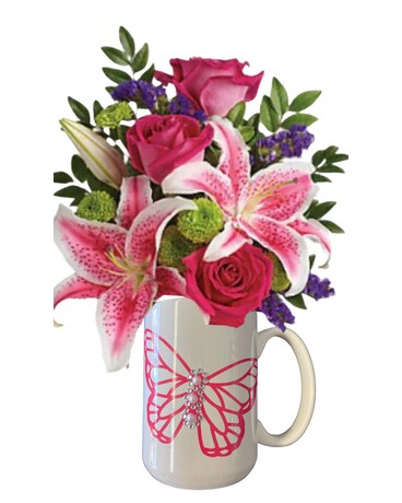 Butterfly on Coffee Mug Flower Arrangement