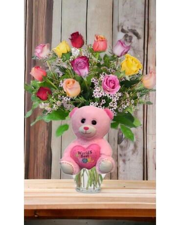 World best Mom with Doze mixed color Roses Flower Arrangement