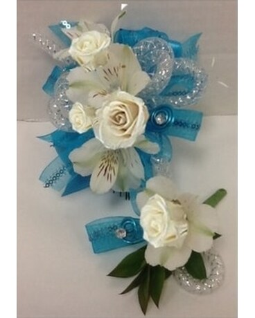 Teal and White Corsage set Flower Arrangement