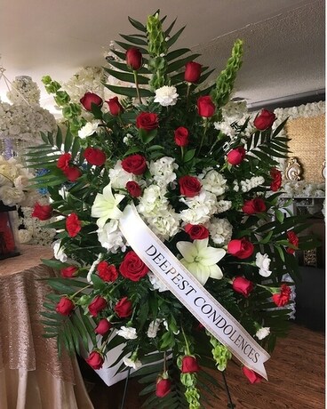 Red and White Standing Spray Flower Arrangement