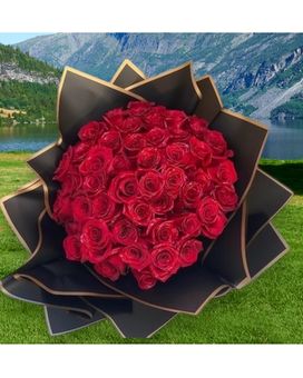 48 Red Roses Wrapped with Ruffle fabric Flower Arrangement