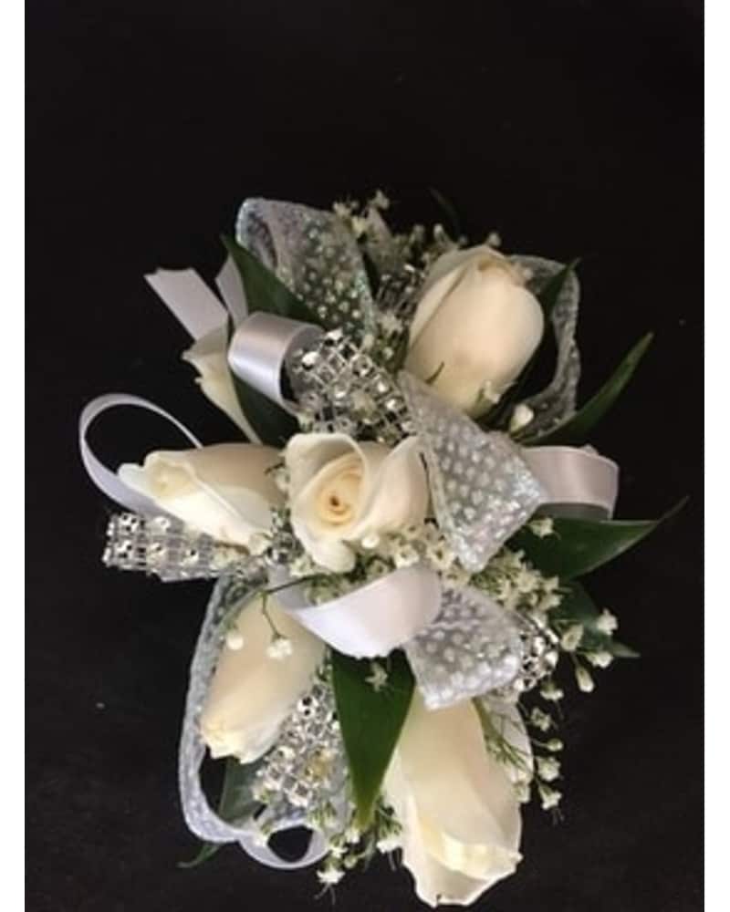 White & Silver Corsage in Modesto CA - Flowers By Alis