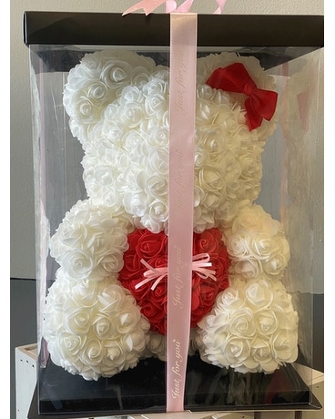 White Rose Bear Flower Arrangement