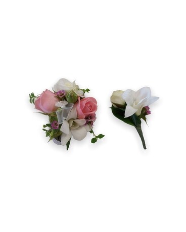 Matching Corsage and Boutonniere Pink and White Corsage