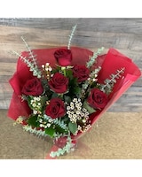 6 Red Roses (greens + fill flower + wrapped) size,  inches height and  inches wide.