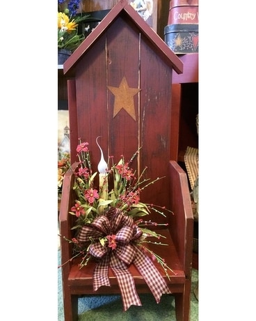 Birdhouse Chair Flower Arrangement