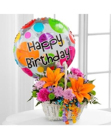 Happy Birthday Basket with Mylar Flower Arrangement