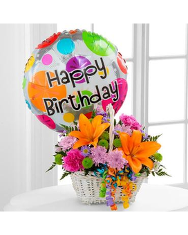 Happy Birthday Basket with Mylar Flower Arrangement