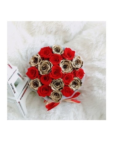Roses That Last A Year Delivery San Francisco Ca Mystic Garden Quick View Deluxe Round Box Red And Gold Eternity Roses