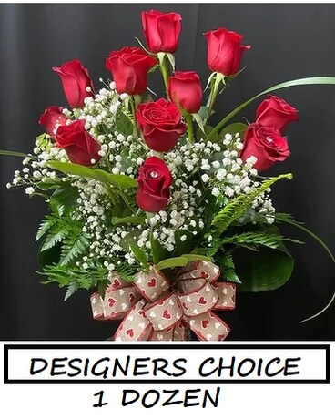 Designer's Choice Dozen Red Roses Flower Arrangement