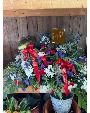 Casket Spray with Fishing Basket Sympathy Arrangement