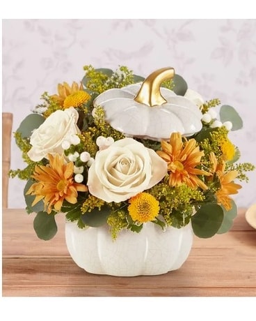 Plentiful White Pumpkin Flower Arrangement