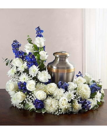 Cremation Wreath - Blue and White Flower Arrangement