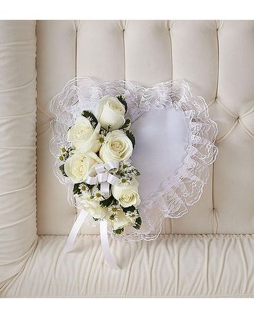 White Satin Heart Casket Pillow Flower Arrangement