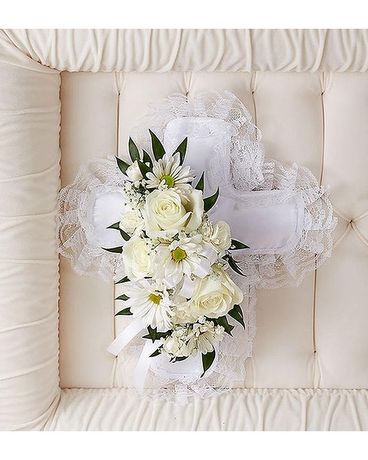 White Satin Cross Casket Pillow Flower Arrangement