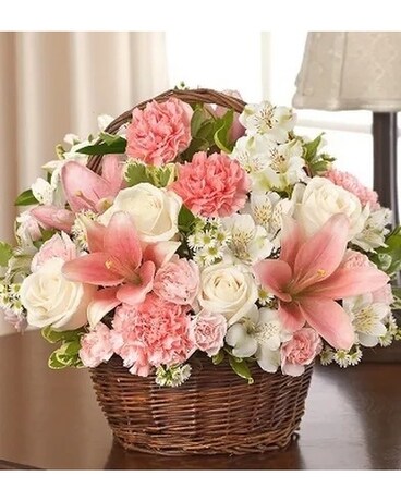 Charming Pink and White Basket Flower Arrangement