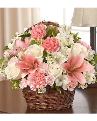 Charming Pink and White Basket Flower Arrangement