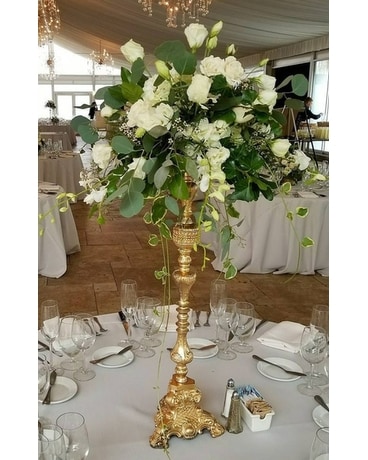 White Candelabra Table Centerpiece Flower Arrangement