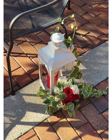 Red and White Elegance Pew Arrangement Flower Arrangement