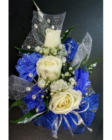 Blue and White Glitz Wrist Corsage Flower Arrangement