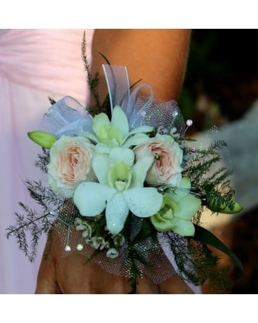 Blushing White Wrist Corsage Flower Arrangement