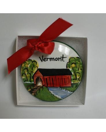 Vermont Covered Bridge Ornament Flower Arrangement