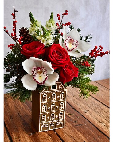 Ginger Bread House Flower Arrangement