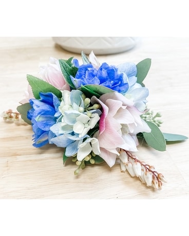 BLUE AND BLUSH PROM WRIST CORSAGE Flower Arrangement