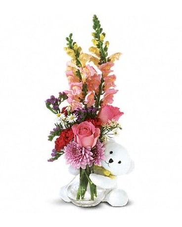 Teleflora's Bear Hug Bear with Pink Roses - by Whe Flower Arrangement