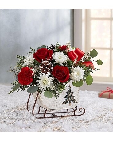 Dashing Through the Snow Sleigh Red Flower Arrangement