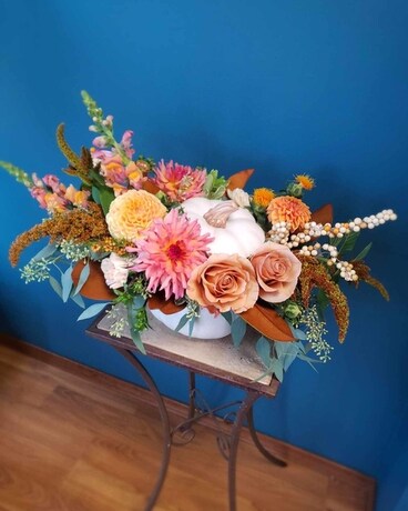 Pearly Pinks Pumpkin Flower Arrangement
