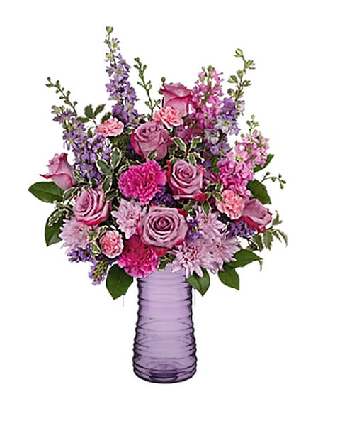 Glamour Bouquet of Peach and Pink Spray Roses with Lilac