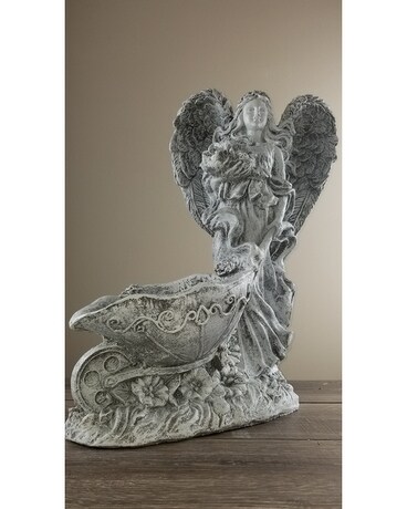 Standing Angel with Wheelbarrow Flower Arrangement