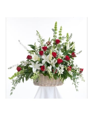 Red & White Sympathy Basket Flower Arrangement