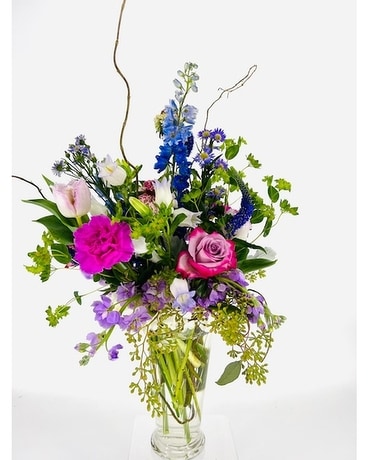 FMS Tall Vase w/Blues & Purple Flower Arrangement
