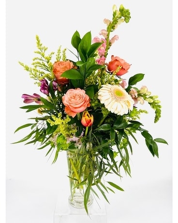 FMS Tall Vase w/Peach, Pink & Yellow Flower Arrangement